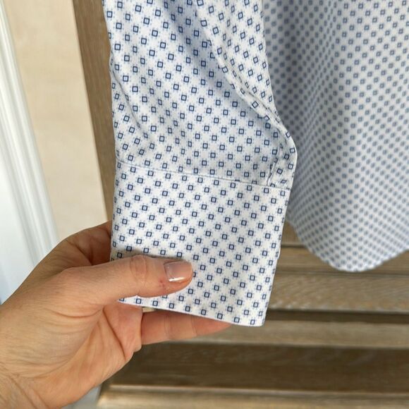 David Donahue White & Blue Geometric Print Dress Shirt Trim Fit 16 32/33 - Picture 3 of 9